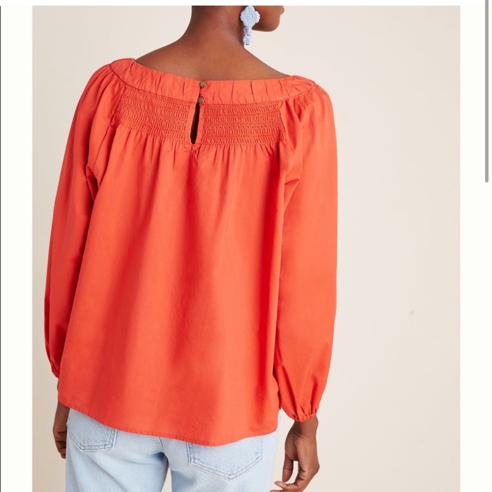 Anthropologie Maeve Coral Poplin Smocked Neck Peasant Top Size XS NWT - Picture 3 of 11